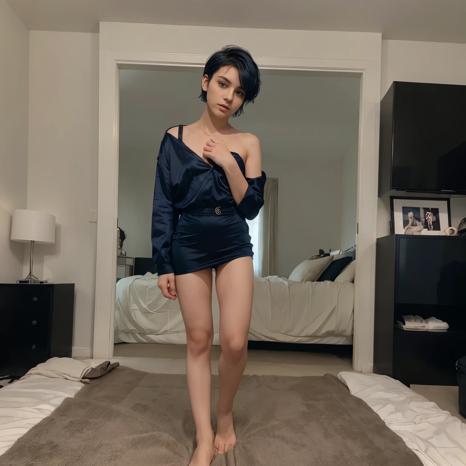 Young boy, boy who has femnine face, femboy, dark blue hair, short hair, dark blue hair, femboy, young boy, hot, sexy, close up of face, young, femnine face, male, pale skin, full body view, full body view, full body view, full body view, wearing contour on face, wearing eyeshadow, femnine face, femnine face, buetifull face, femboy, male, male, male, femboy, twink, femboy, male, young, full body view, full body view, 1boy, in bedroom, looking straight at camera, standing, full body view,
