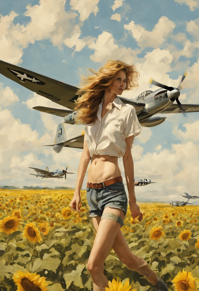A masterpiece image of a girl walking in an open field, one airplane (((P51 Mustang))) passing over her head, 1944, sunflower field, view from below and from her back