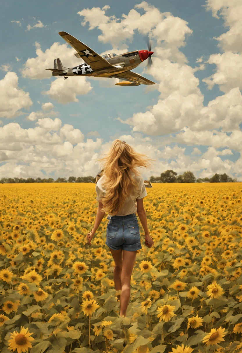 A masterpiece image of a girl walking in an open field, one airplane (((P51 Mustang))) passing over her head, 1944, sunflower field, view from below and from her back