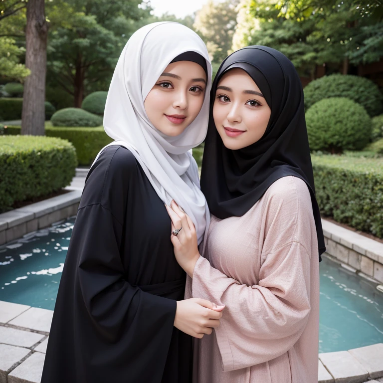 8K, absurdres, detailed face, 3/4 view, POV, a beautiful muslimah woman named mira is wearing chador and transparent abaya is kissing her attractive girlfriend named filzah in chador, pressing mira's hand on filzah's bosom, tilt her head up, laid in a bedroom,  in a japanese garden, photorealistic, masterpiece, highly-detailed, naughty smile