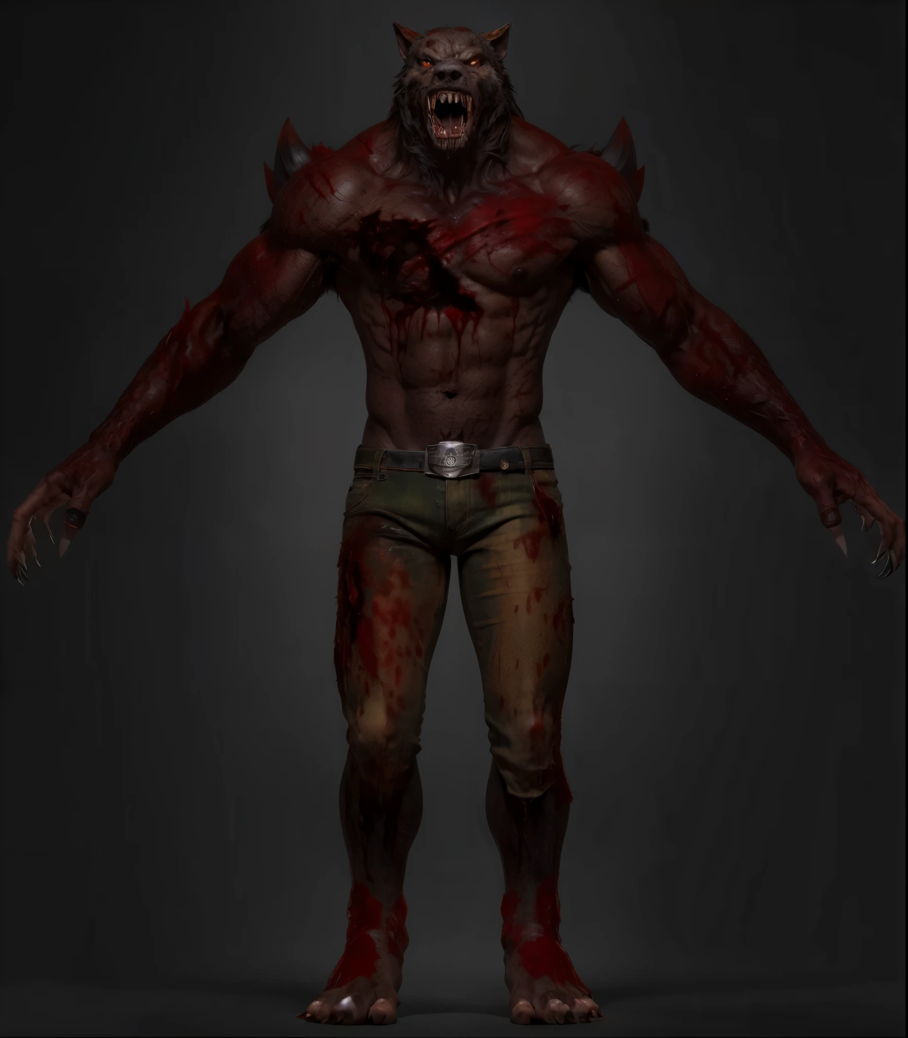 (masterpiece),(best quality:1.0),(ultra high resolution:1.0),monster, werewolf, zombie wolf, zombie , shorts, torn pants, red eyes, menacing look,claws, fangs, wolfteam, 8k wallpaper, full body