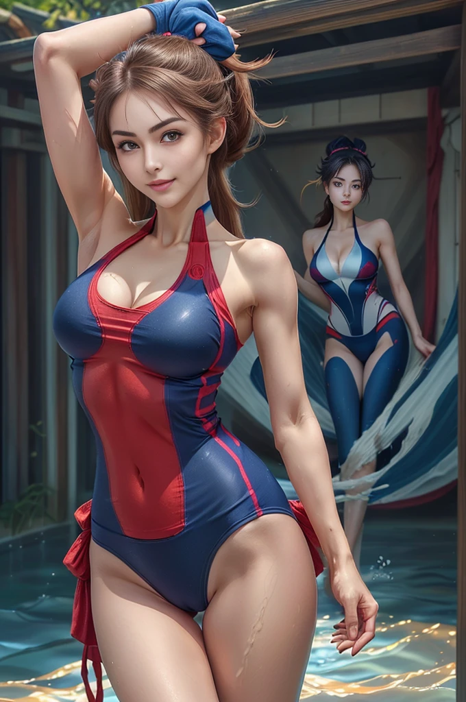 in 8K、超A high resolution、Best Quality、masutepiece(huge-breasted:1.3)Hide all breasts and belly、(Red and navy blue lines、Pretty High Leg T-Back Swim Racing Suit、highleg:1.5)、(Stand with your crotch wide apart、stand up:1.Put your hands behind your head、Show the armpits:1.5)(Lazy river:1.4) (Brown Hair Ponytail:1.3)(Smile happily:1.2)、(Tempered body、Toned body、Split abs:1.38)Eye lashes、long lashes、Distinct double eyelids、a small face、(Highlights in the eyes、lip glossin granular skin、kawaii faces