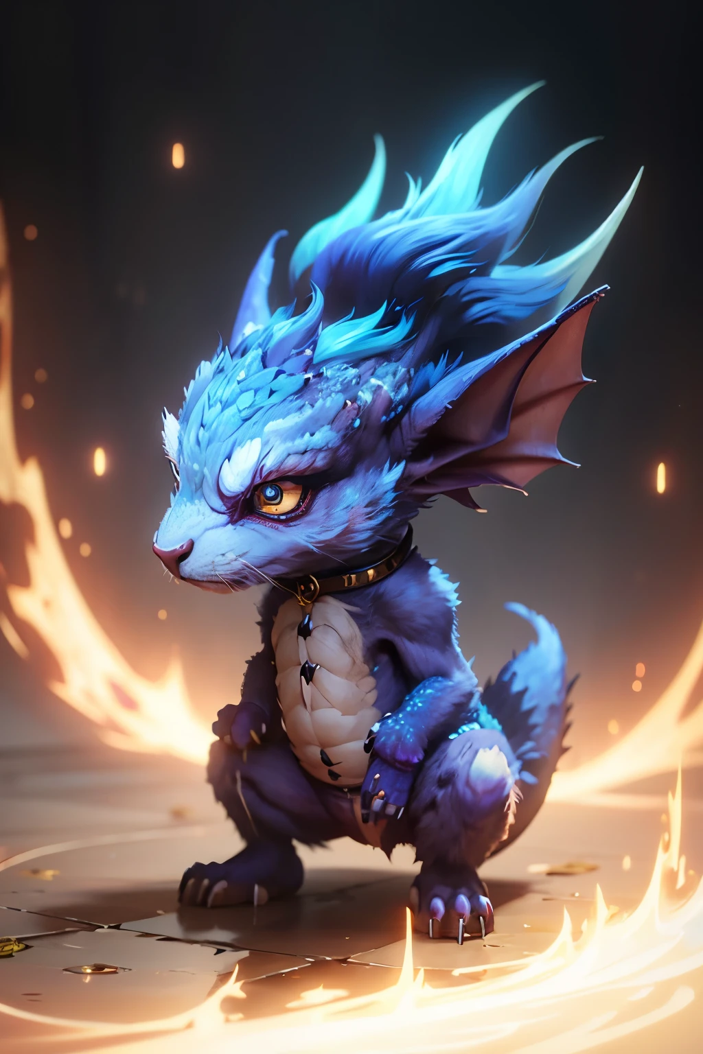 little blue and golden dragon looking straight into the eyes ,magical powers, magical monster,