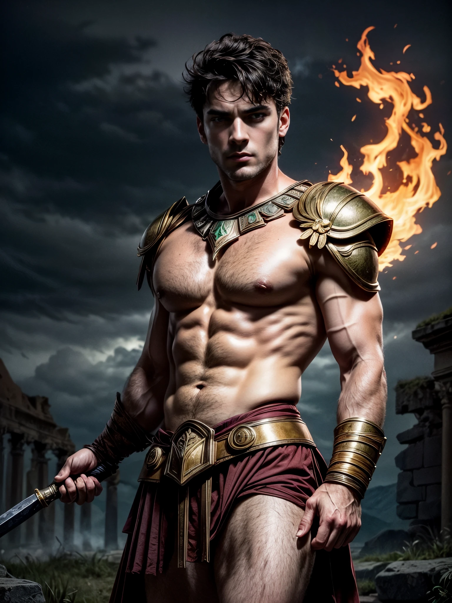 ((masterpiece)),((best quality)),8k, high detailed, ultra-detailed, Stylish Pose, real skin texture, dark cinematic lighting, full body shot, 35 mm lens, night, dark night, masculine, 26-year-old Italian male model, handsome Roman, he is the god of war, he is Ares, Mars, evil-looking, strong look, light green eyes, emerald green eyes, strong jawline, square jaw, dressed as a gladiator, ancient gladiator, male gladiator skirt, shaved face, buzz cut hair, short wavy hair, dark brown, shirtless, top naked, smoke, fire, open field, battle, background, blood on his chest, , , flawless skin, high detail, destroyed ancient Rome, ancient army in the background, dark storm, dark atmosphere, dark cloudy night,,,,,Depth of field