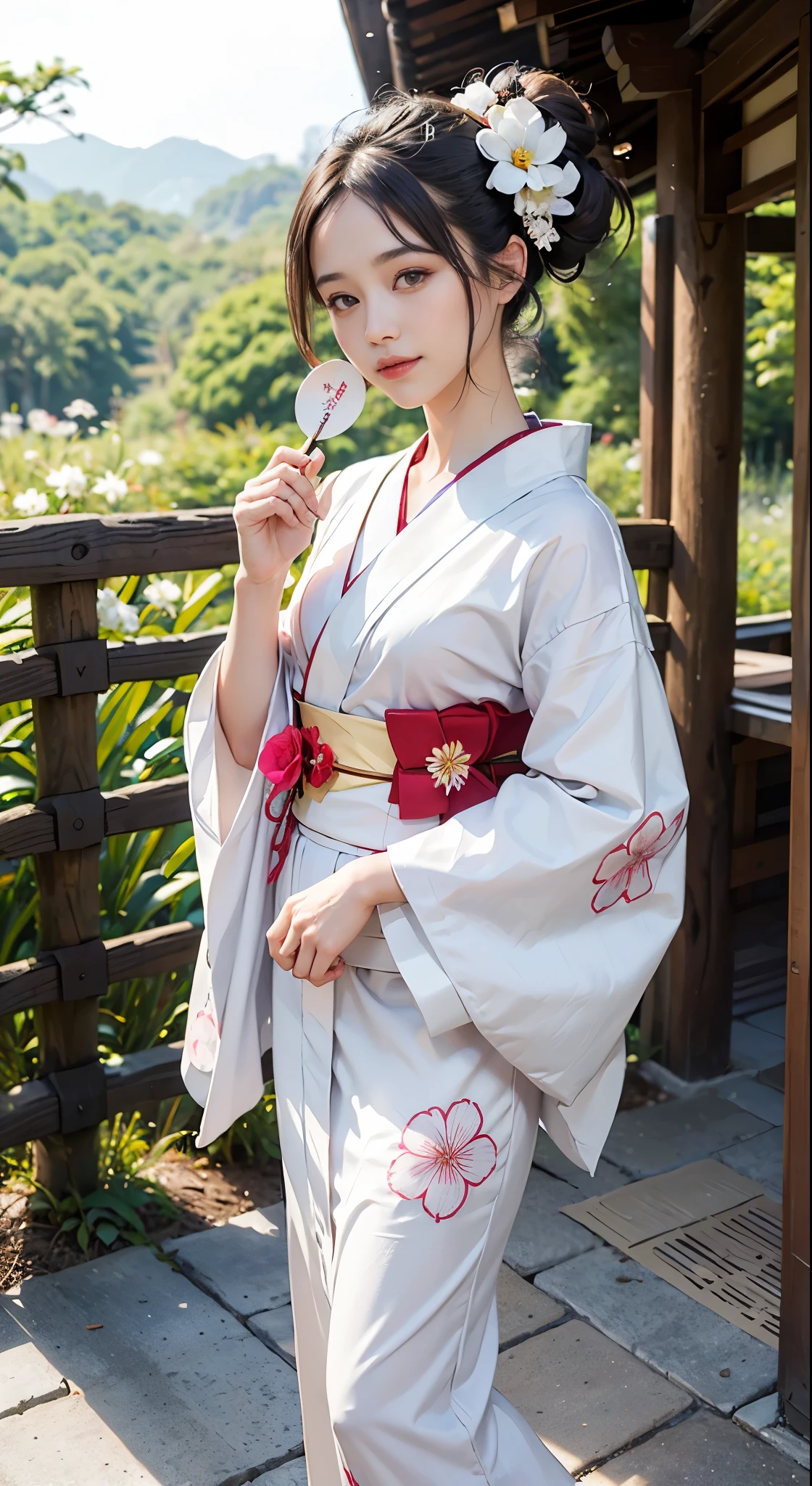 ((top-quality)), ((masterpiece)), (detaileds:1.4)、in 8K、超detailedsなhight resolution、hight resolution、HDR raw、top-quality,full body photo、Esbian,(Shake goodbye),Soft light, Smile,Peel,wetted skin(depth of fields),超hight resolution,RAW Photo Luai Kimono(white yukata flower) ponytail tabi、geta、Dark brown hair hairpin holding fan background torii shrine