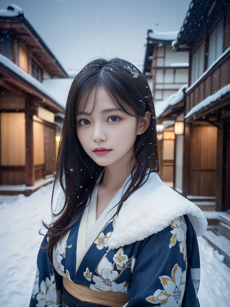 (Kimono)、(Light makeup)、(top-quality,masterpiece:1.3,超A high resolution,),(ultra-detailliert,Caustics),(Photorealsitic:1.4,RAW shooting,)Ultra-realistic capture,(32k,high detal,high-detail、masterpiece,Attention to detail,full body Esbian,独奏,Lori:1.6),Raw photo & realistic atmosphere,beautiful dark blue eyes,Detailed mouth,Glossy lips,Detailed eyebrows,Eyes drawn in detail with soft white skin that shines with every detail)、、 (Skin texture is natural、、The skin looks healthy with an even tone、 Use natural light and color,One Woman,japanes,,kawaii,A dark-haired,Middle hair,(depth of fields、chromatic abberation、、Wide range of lighting、Natural Shading、)、、(Exterior light at night:1.4)、(Falling snow:1.2)、(Hair swaying in the wind:1)、(Snow reflects light:1.3)