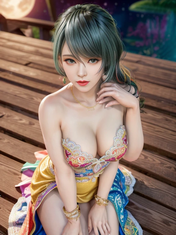 top view,1girl,Tamaki,(Wearing vibrant rainbow color scheme art;Suzhou embroidery craft;wedding dress, bridal gown),Jewelry,Tattoos,nighttime, full_moon, stars,red lips,Charming cleavage,(Masterpiece:1.5),( best quality:1.4),(reality:1.4), detailed,8K，Digital art,Detailed hair,expressive eyes, perfect face, real fingers,depth of field,Analogous Colors,Warm Tone,soft light,low Contrast,hard shadow,De-saturated tones, pop surrealism,