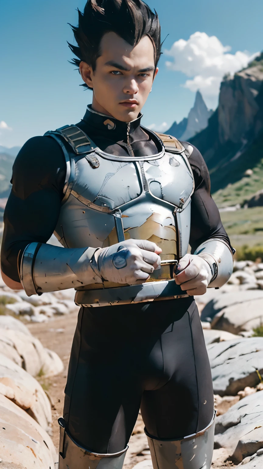 ((masterpiece:1.4, best quality)), ((masterpiece, best quality,8K)), (photo realistic:1.4), (cowboy shot, solo, male focus, 1boy, vegeta, serious, looking at viewer, black spiked hair, black eyes, armor, enamel bodysuit, white gloves), (rocky ground, rocky mountain, sky), professional lighting, physically-based rendering