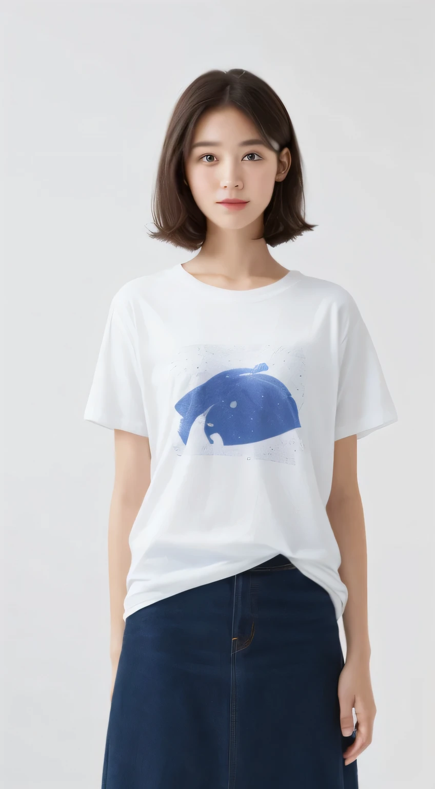 Girl wearing a tight-fitting T-shirt stands in front of a pure white background and smiles