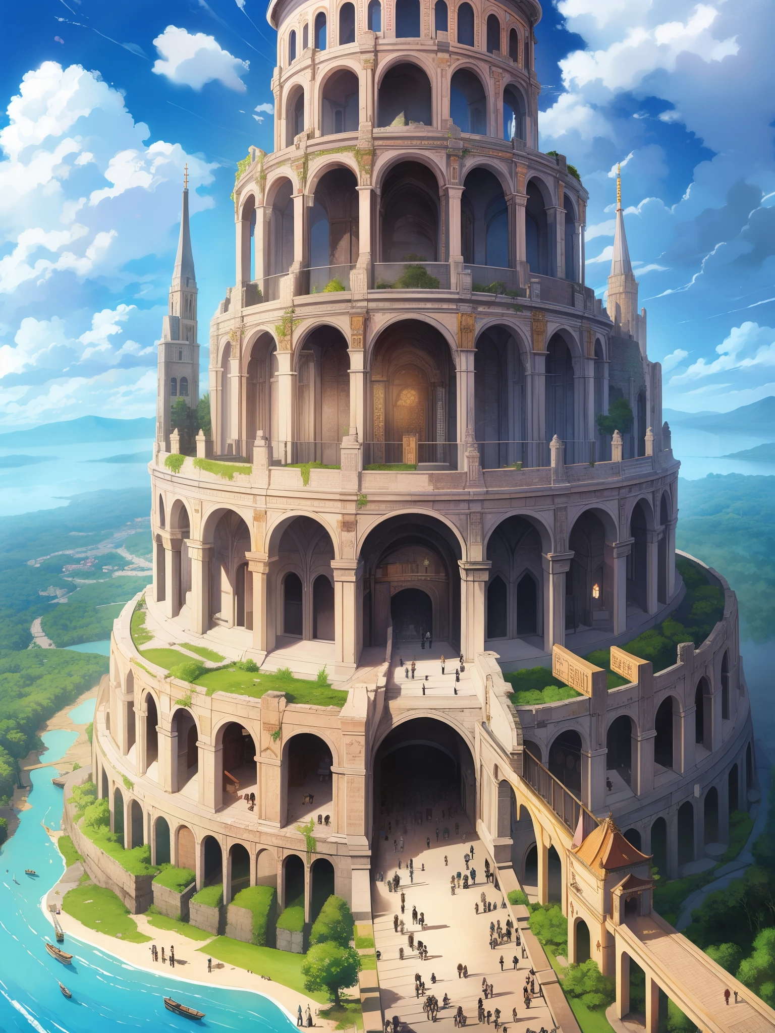 top-quality、Masterpiece、detaileds、Tower of Babel（The Father of Babel、hebrew: מִּגְדָּ֑ל בָּבֶ֔ל‎、latin letters:Migdal Babel）ha、old testament「Genesis」A huge tower that appears inside。The dominant theory is that it is a myth.、一部の研究者ha紀元前6世紀のバビロンのマルドゥク神殿に築かれたエ・テメン・アン・キのジッグラト（holy tower）proposes a theory relating it to the ruins of[1][2]。 Trying to build a tower that would reach the heavens and reach the realm of God.、It has collapsed（destroyed by god）In honor of the story、Also used as a metaphor for fanciful and unrealizable plans[3]。全ての地ha、used the same words and the same language。people who moved from the east々ha、Shinal[Note 1]to the plains of the land、settled there。Eta、「Who knows、Let&#39;s make bricks。Let&#39;s roast it with fire」We argued。彼らha石の代わりに煉瓦を、Asphalt was used instead of plaster。Eta、Said、「Who knows、my々Let&#39;s build a town and tower.。The top of the tower reaches to the sky。scattered all over the place、so that it never disappears、my々Let&#39;s make a name for」。主ha、He came down to see the city and the tower that the children of men were trying to build.、Eta仰せられた、「I see、彼らha一つの民で、speaking the same language。この業ha彼らの行いの始まりだが、Maybe I won&#39;t be able to accomplish this either.。Then、my々ha下って、let&#39;s mess up their language。so that they cannot understand each other&#39;s words」。主haそこから全ての地に人を散らされたので、彼らha街づくりを取りやめた。For that purpose、この街haバベルと名付けられた。the lord is there、disrupt the language of all the earth、For from there he scattered the people throughout the earth.。