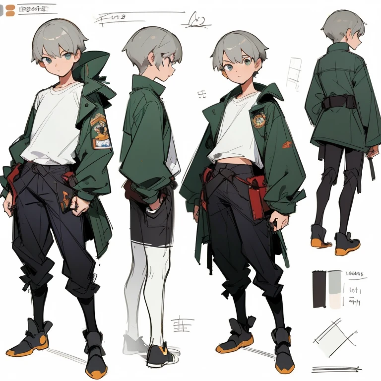 ((masterpiece)), (((best quality))), (character design sheet, same character full body, front, side, back), Illustration, ((1 little boy)), Grey hair color, , short hair, environment change, pose kota, smart, male, white t-shirt, red short pant, coat , charturnbetalora, concept art, character concept art, character sketch, reference sheet, character sheet, ( background, white background: 1.3)