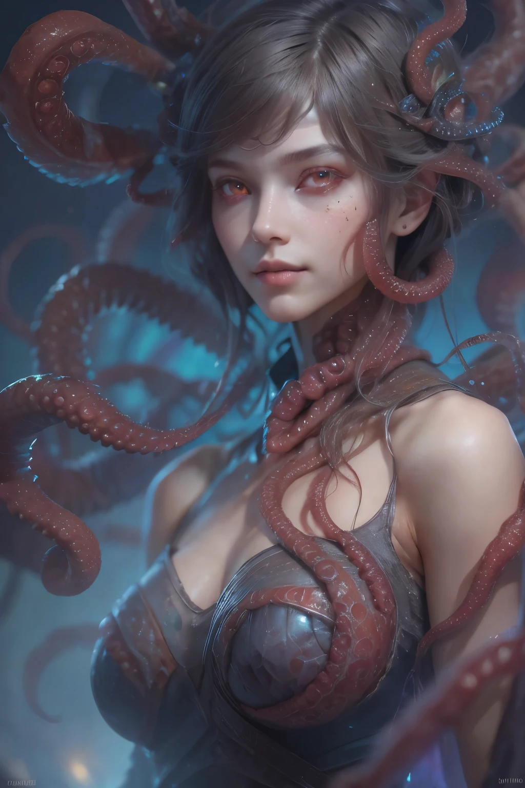 Portrait, (beautiful female alien:1.2), (she has red eyes with no pupils:1.8), (Translucent skin:1.7), (There is a female genital-like organ in the middle of the forehead:1.9), (The most beautiful face in the history of the universe:1.2),an evil gaze that seduces, (large mouth:1.1), (sharp teeth like a vampire:1.2), Full body like, (bio luminescent:1.5), (Smile wickedly:1.3), (sexypose:1.5), alien, No humans, cells are fused, (Lots of translucent tentacles:1.3) extraterrestrial, cell, bio image, Best Quality, 8K,4K_quality, High Definition, Dramatic Lighting, masutepiece:1.5,cinematic quality, detail up, (Intricate details:1.2), High resolution, High Definition, drawing faithfully, (Thick eyebrows:1.2), Beautiful eyes with fine symmetry,(Highly detailed face and eyes:1.2), Intimate face, (Super detailed skin quality feeling:1.4), Perfect Anatomy, (Beautiful toned body:1.5), (Moist skin:1.2), No makeup, (dark circles:1.1), long canines, cinematic drawing of characters, ultra high quality model, cinematic quality, detail up, (Intricate details:1.2), High resolution, High Definition, drawing faithfully, Official art, Unity 8K wall , 8K Portrait, Best Quality, Very High resolution, ultra detailed artistic photography, midnight aura, unreal enginee 5, Ultra Sharp Focus, art by alberto seveso, ArtGerm, Roisch, intricate artwork, best quality, masutepiece, ultra High resolution, (photos realistic:1.4), Ultra-realistic realism, dream-like, nautilus, Creation of fantasy, Snail, Dream Snail, biopunk nautilus, Thrilling color schemes, Ultra-realistic realism, seductively smiling, Blue tentacles,