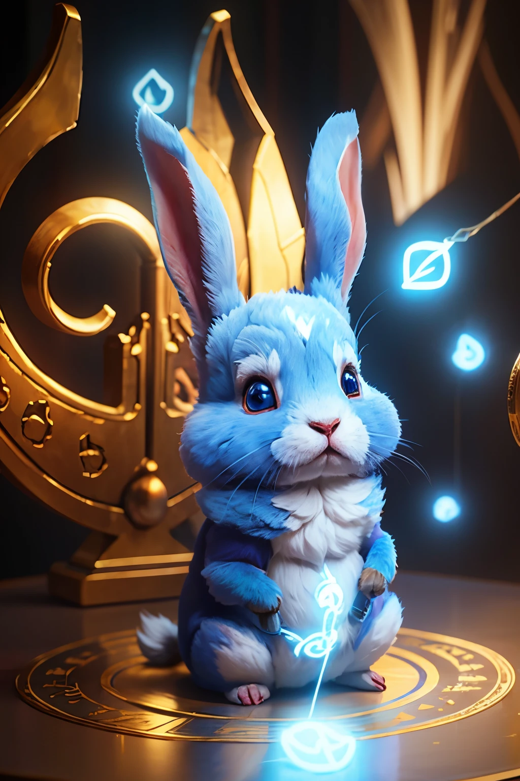 little blue and golden rabbit looking straight into the eyes ,magical powers, magical rabbit