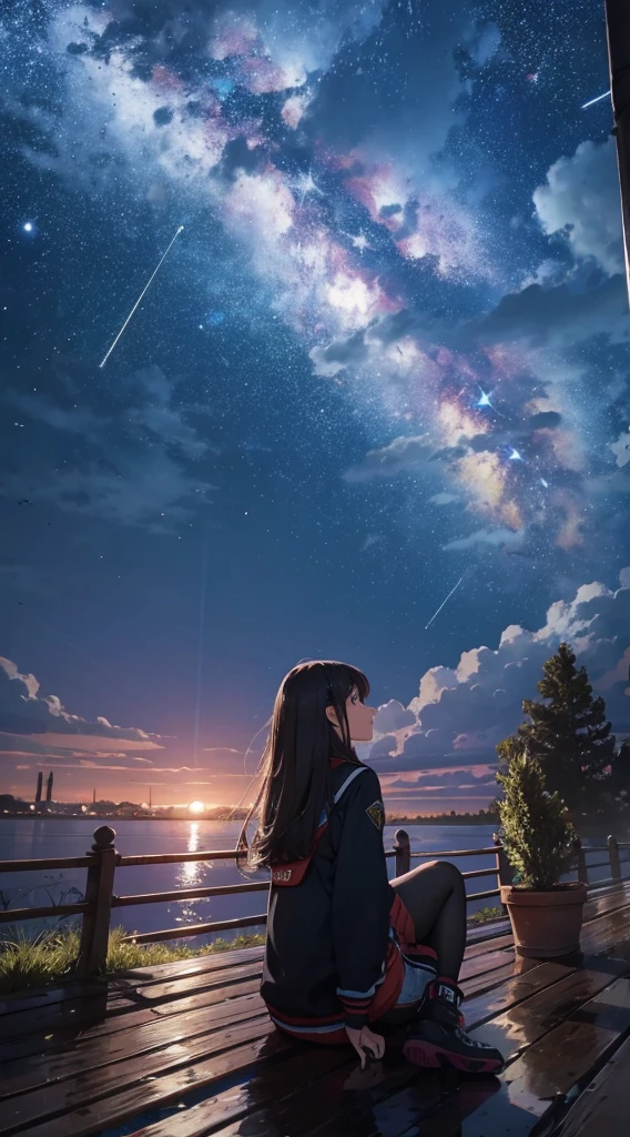 octans, sky, star (sky), scenery, starry sky, night, 1girl, night sky, solo, outdoors, building, cloud, milky way, sitting, tree, long hair, city, silhouette, cityscape