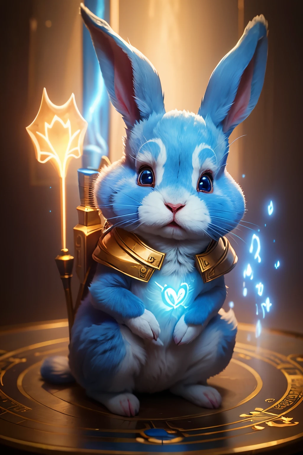 little blue and golden rabbit looking straight into the eyes ,magical powers, magical rabbit