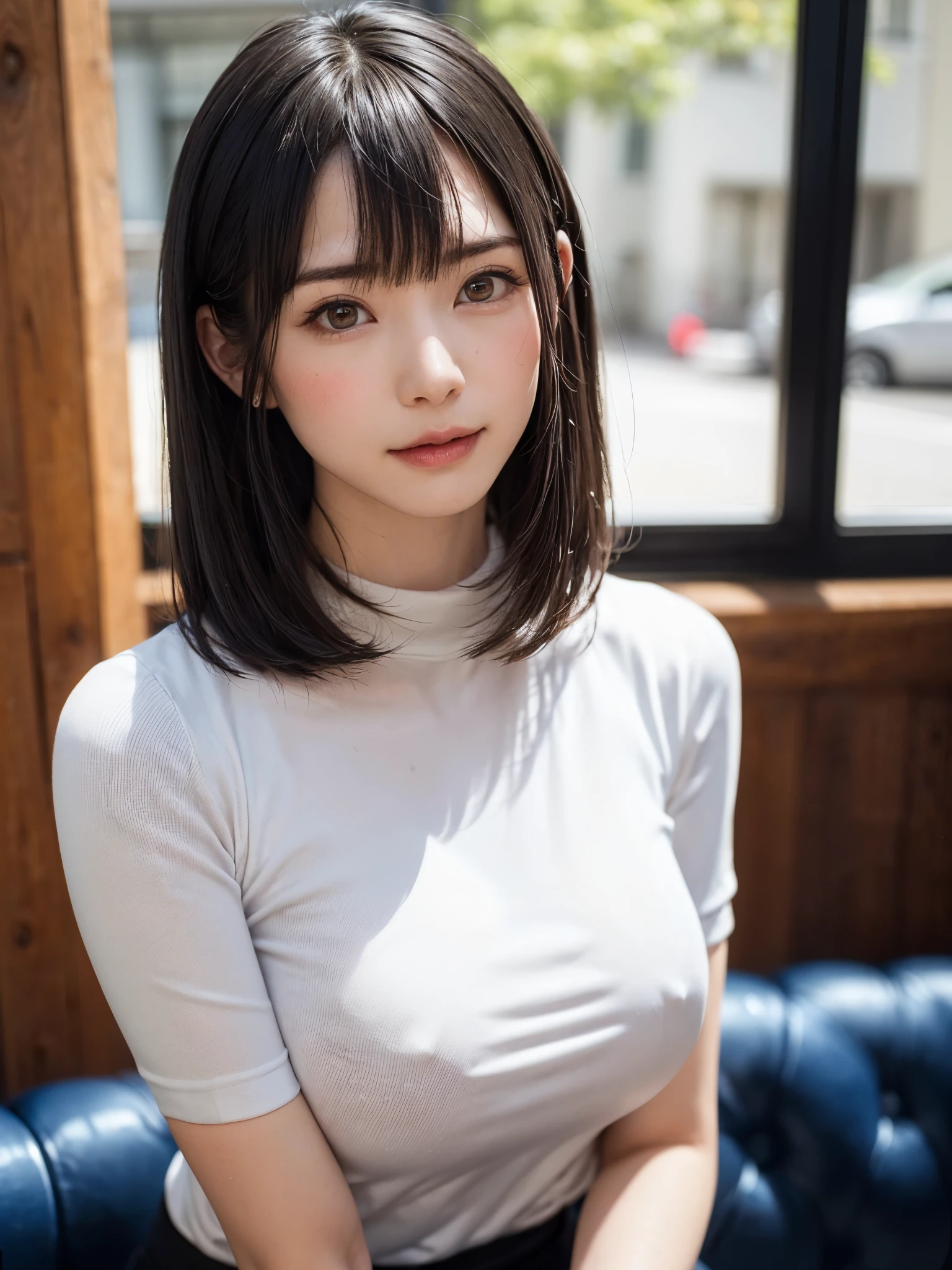 (masutepiece, top-quality、high-detail:1.4、Very attractive beauty、Add intense highlights to the eyes、Look firmly at the camera:1.4、A beautiful woman full of charm、Ideal ratio body proportions、Perfect Anatomy、Brunette Short Bob Hair、Lustrous hair、bangss:1.4、光沢のあるbangss:1.4、lipgloss),1girl in, report, Light brown shiny hair, muffler,realisitic, looking at the viewers、Tilt your head slightly, Bright colored crystal light blue eyes, short shiny hair、 White turtleneck outfit with a hole in the center of the chest,Sexy white turtleneck knit sweater with a round hole in the middle of the chest、 s lips, lipgloss, The upper part of the body、big eye、Lashes、A little red in the face、Embarrassing)、((italian road in winter))、((short hair with big eyes、Put very strong highlights in your students、{Gigantic|Big|Huge|Mega} breasts:1.6、very Bigger breasts、gazing at viewer、Very beautiful beauty、Put your ears out、long neck、smil、smil、Happy、Beautiful teeth、口を開いてsmil、Heart-shaped pupil))、28 year old、Very cute supermodel、