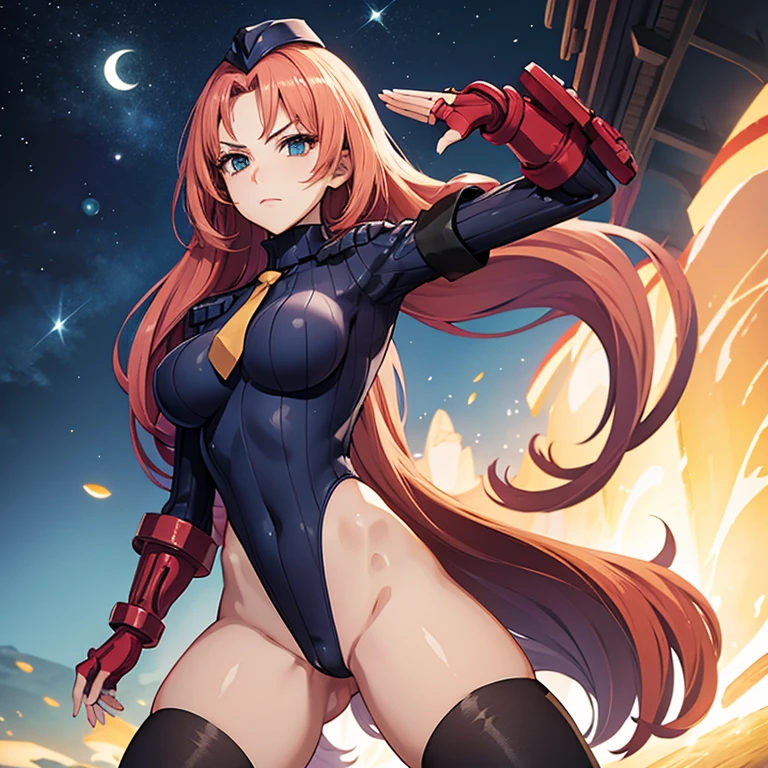 ultra-detailed, Explicit, Beautiful body, Beautiful Nose, Beautiful character design, perfect eyes, perfect face, ultra highres, 4K, beautiful legs, perfect legs, Nice hands, Perfect hand, Masterpiece, Best Quality, Highly detailed, illustration, absurdres, street fighter, doll suit, shadaloo doll, dollsuit, expressionless, blank eyes, looking at viewer, red gloves, emotionless, black latex, corrution, mind control, female combatant, full body, hypnotized, unhappy trance, full body suit, ribbed bodysuit, both arms at side, obey, perfect female body, extremely glossy latex, hypnosis, hypnoLora, empty eyes, Mind control device, poses, submissive_pose, Slave, hat, necktie, stand up straight, standing, standing at attention, hat, necktie, belt, latex, ribbed bodysuit, thighhighs, garter belt, Fighting Stance, extending the right arm from the shoulder into the air with a straightened hand, nazi saluting, military, military saluting, salute, thigh boots, 1girl, Madan no Ou to Vanadis, pink hair, very long hair, Elizaveta Fomina, hair ornaments, Heterochromia