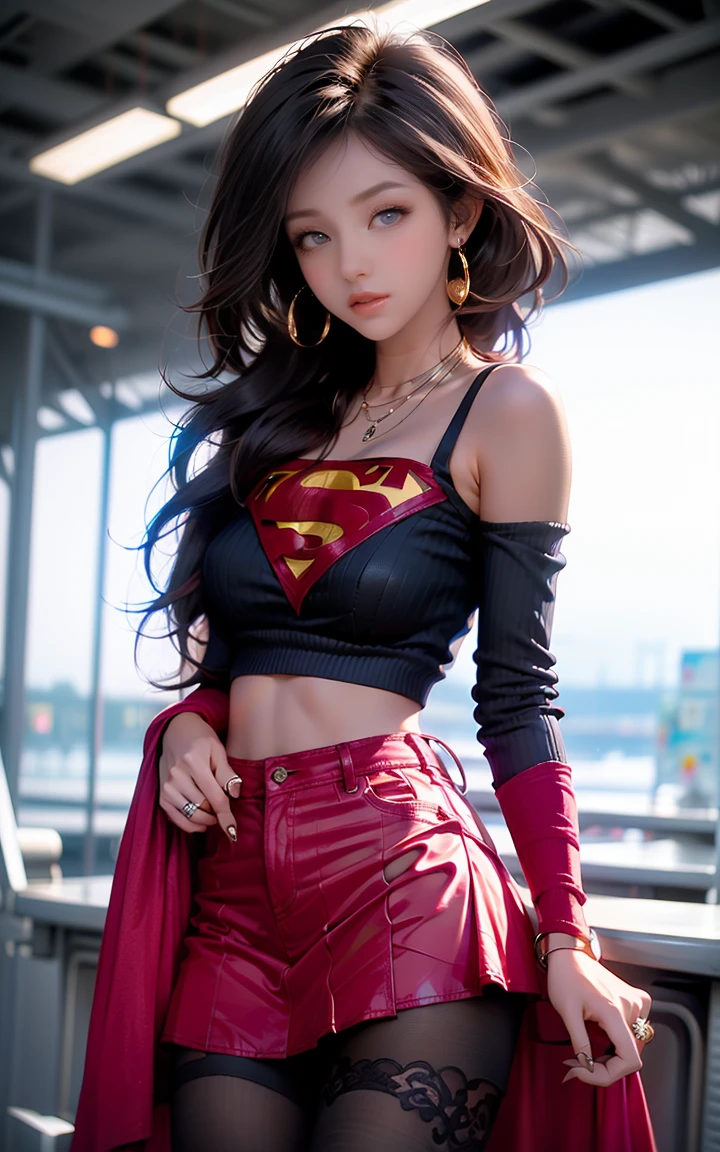 masterpiece, 4k, 8k, high quality, highly detailed, detailed face, HDR, vivid colors, natural lighting, Best Shadows, Shallow Depth of Field, Portrait of (Supergirl:1.1) standing on a rooftop, smiling, red skirt, red cape, red boots with heels, delicate, alluring blue eyes, lovely medium breasts, blonde, (Superman symbol on chest:1.2), bare legs, open navel, blue sky, sunlight, clouds, sun, bloom,