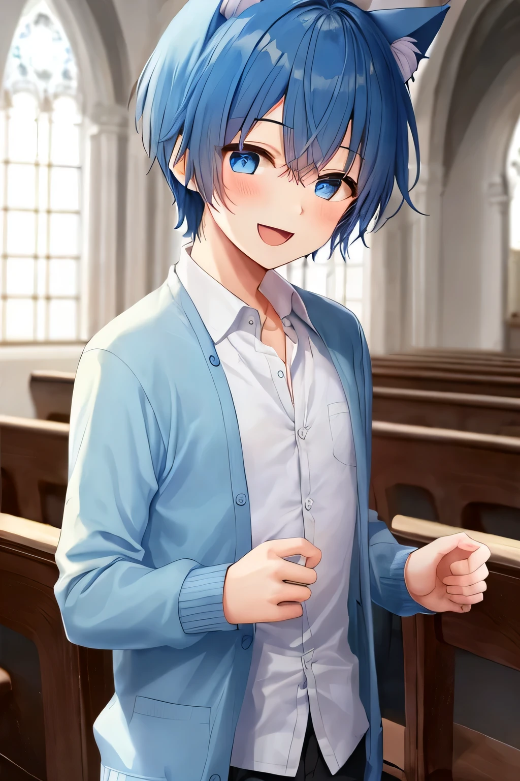 1boy, blue hair and eyes, sharp short hair, blue cat ears, smile, open mouth, eyes close, wearing white shirt dan blue cardigan, masterpiece, ultra detail, church, (cute shirt:1.3)