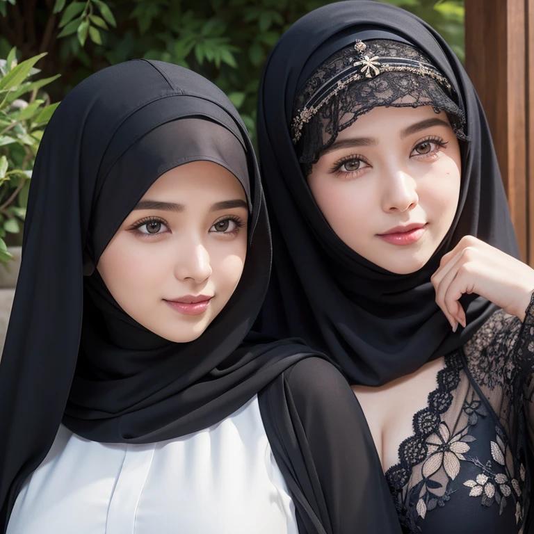 8K, absurdres, detailed face, close up view, POV, a beautiful muslimah woman named mira is wearing chador and transparent abaya is kissing her attractive girlfriend named filzah wearing chador, pressing mira's hand on filzah's breasts, tilt her head up, laid in a bedroom,  in a japanese garden, photorealistic, masterpiece, highly-detailed, naughty smile