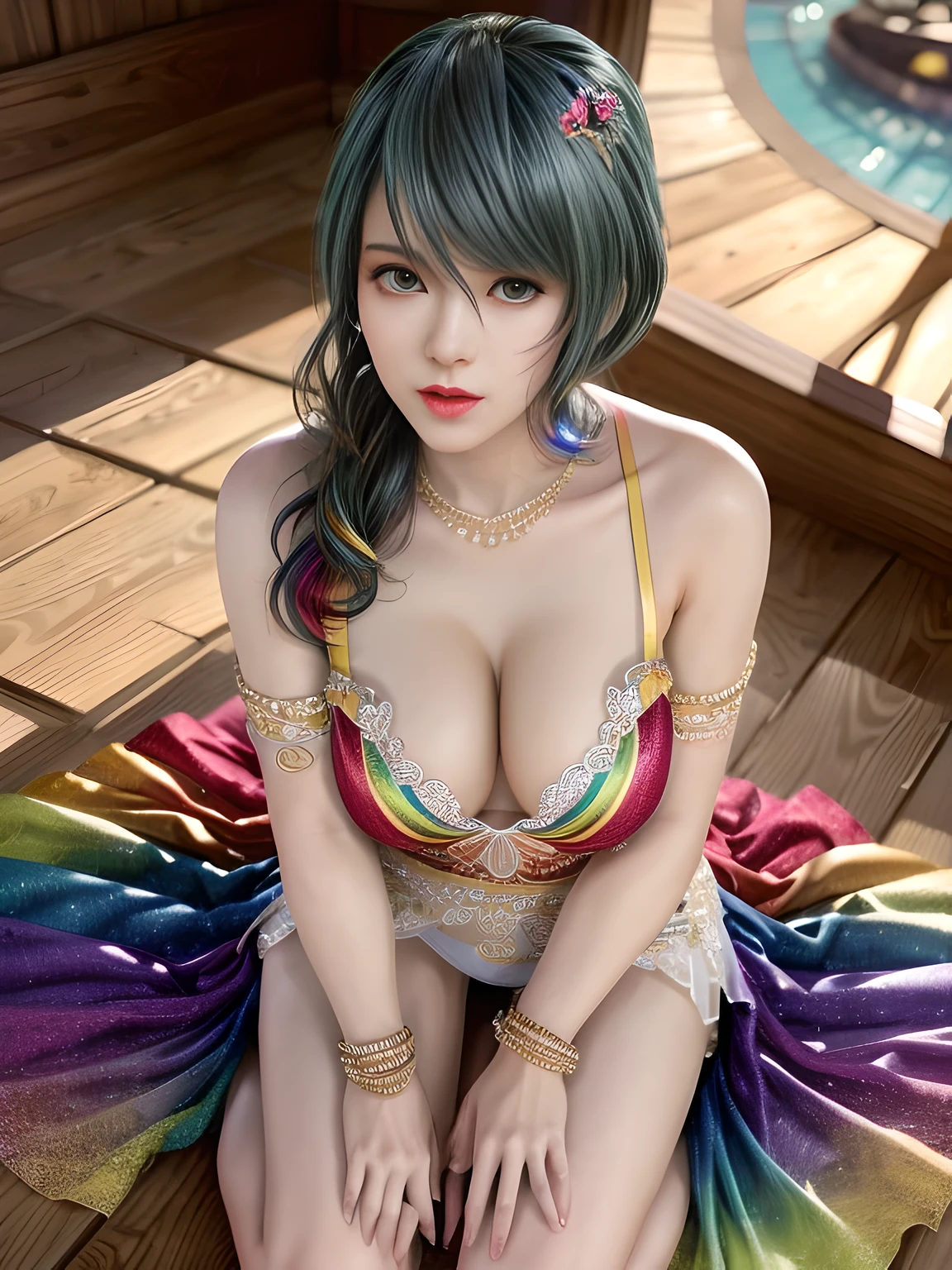 top views,1 girl,Tamaki,(Dressed in vibrant rainbow color scheme art;wedding gown, bridal gown),jewely,Tattooed with,during night, full_themoon, As estrelas,Redlip,Charming cleavage,(tmasterpiece:1.5),( Best quality at best:1.4),(Realistis:1.4), detailed,8K,number art,detailed头发,Expressive eyes, s the perfect face, real fingers,depth of fields,Similar colors,a warm color palette,softlighting,low-contrast,hard shadows,Desaturate Hue, 流行超Realistis,