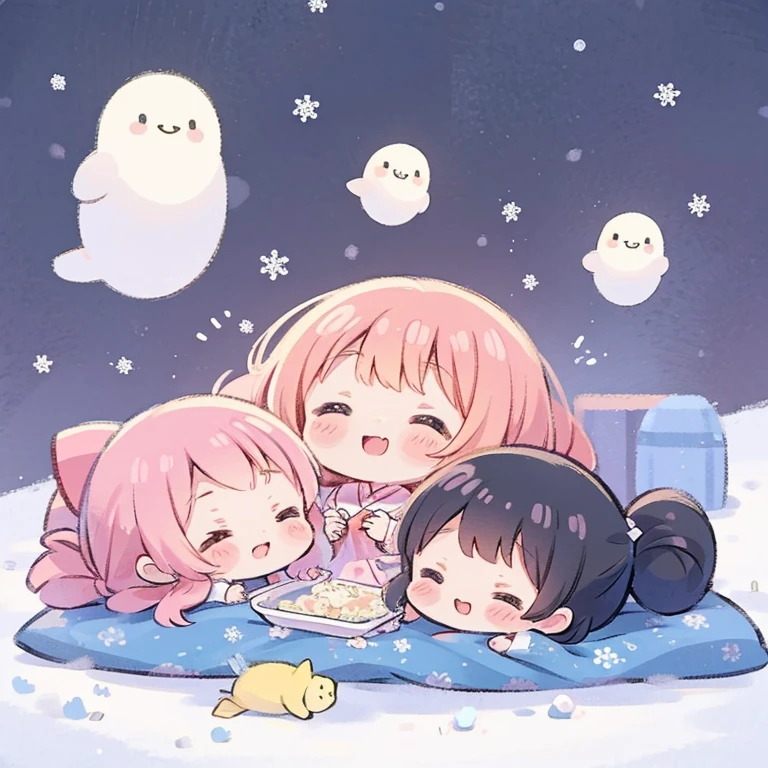 Mokomoko's clothes、Eating rice cake in a kotatsu、looking happy smile、Leprechaun、very transparent、PastelColors、Anime Girl , Cute anime wife in beautiful clothes, Dress, angelic pretty,Light black hair、creation、Top image quality、overall dull、red main、January、Snow is piled up、