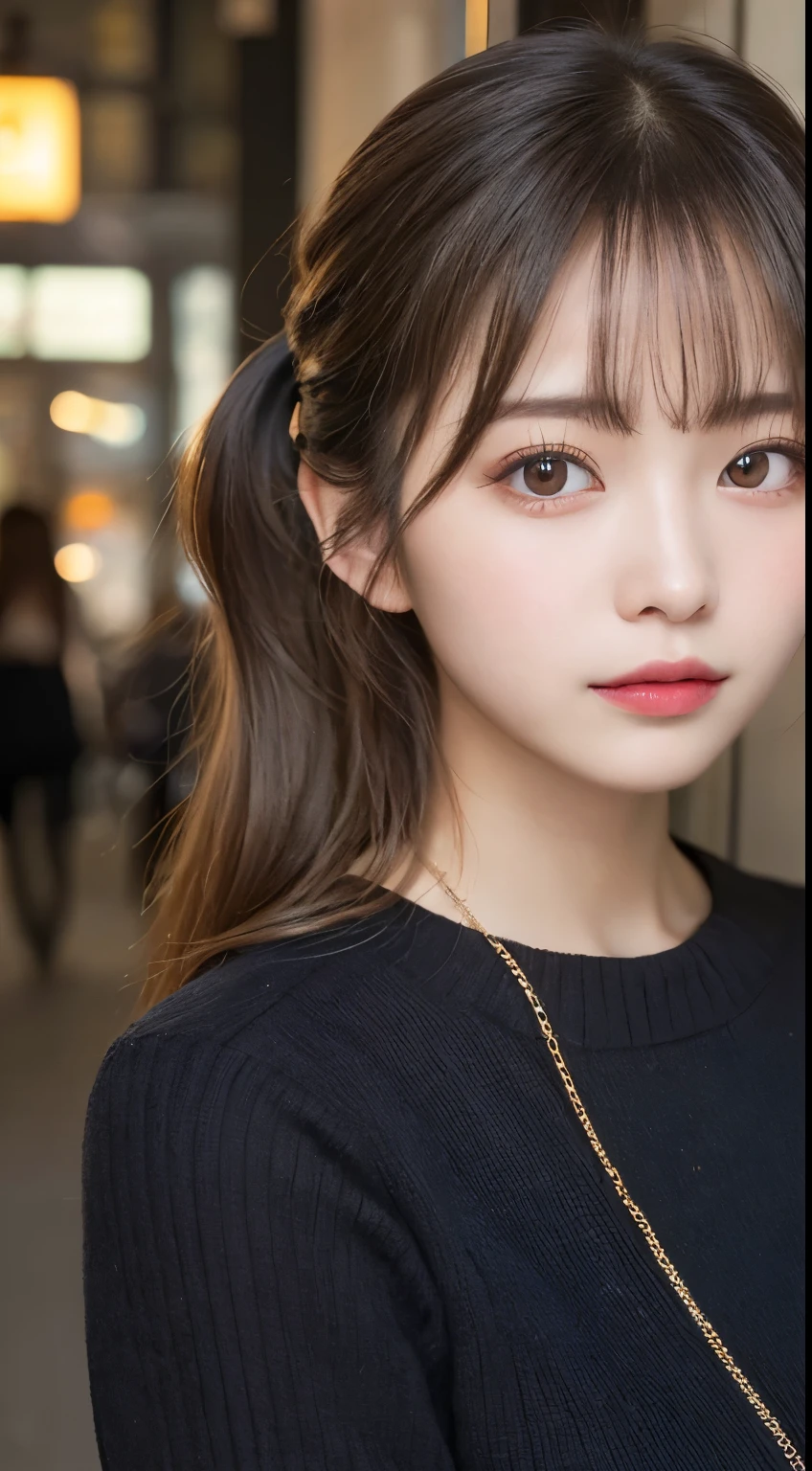 finely detail, hight resolution, hightquality、Perfect dynamic composition, Beautiful detailed eyes, Medium Hair, small tits、Natural Color Lip,Kamimei、Shibuya、20 years girl、1 persons、Transparent skin、Glowing hair、masutepiece, Best Quality, Illustration, Ultra-detailed, finely detail, hight resolution, 8K、The correct state of the human body、Randomly cute poses,pigtails hair,beauty legs,Perfect beautiful face,KPOP Idol Face,Face that feels ecstasy,Black Knitted Dress,Background blur,Randomly do sexy poses,natta、Blur the background,Take a close-up photo of your face