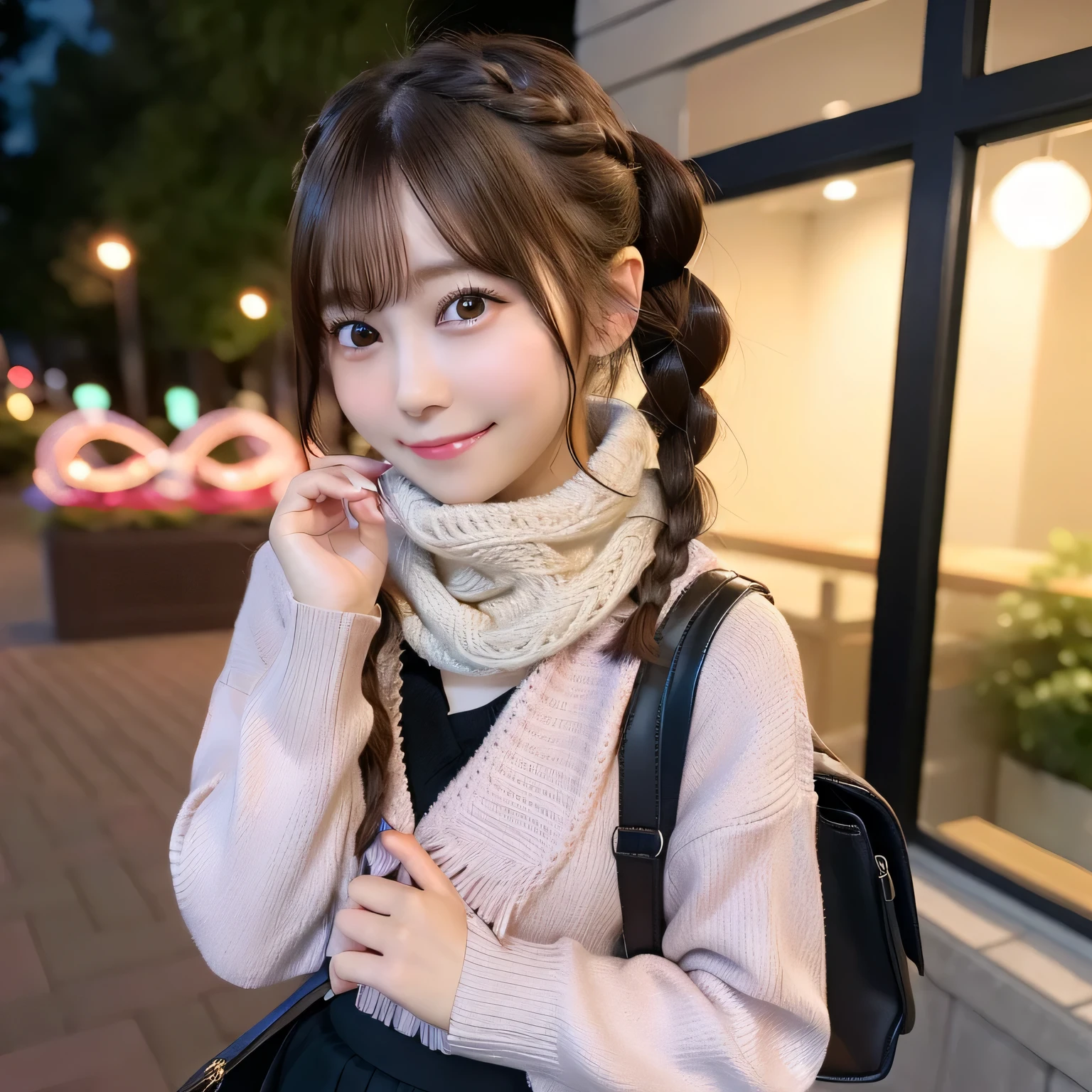 masutepiece, Best Quality,, Ultra-DetaileD, finely Detail, hight resolution,1girl in 、short-cut、Brown hair ,cute little, Solo, Twin-taileD, Bag, Solo, Looking at Viewer,blush, Smile, Blurry, Brown hair, Blurry backgrounD, Bangs, scarf, Open mouth, bow ribbon, Long sleeves, looking to the siDe, Bokeh, from siDe, Depth of fielD, braiD, upper boDy, outDoors, holDing, D, Night, carDigan, Skirt, backpack, coat, pink bow ribbon, holDing Bag, neck bow ribbon, watermarked、nogizaka、Beautiful black eyes:1.3、17-year-olD schoolgirl