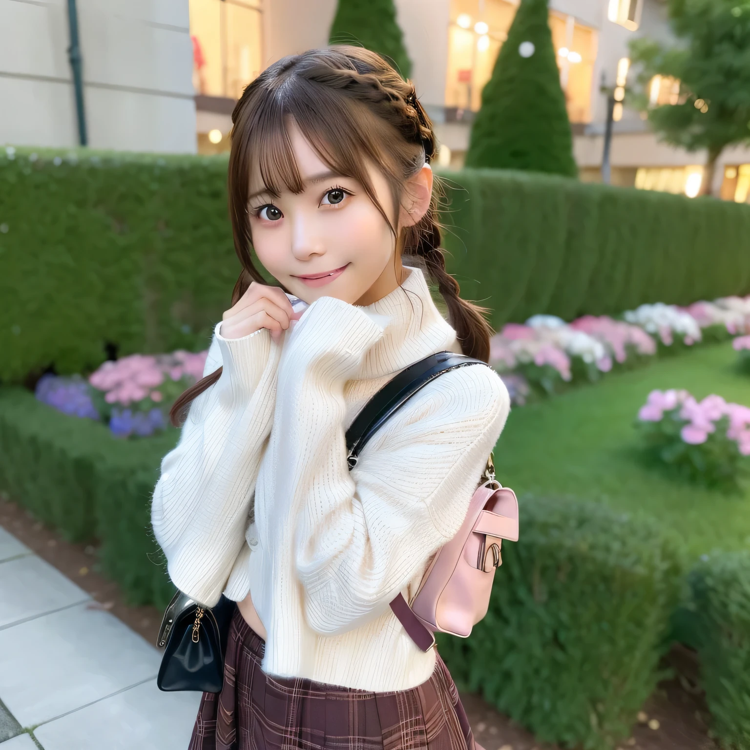 masutepiece, Best Quality,, Ultra-DetaileD, finely Detail, hight resolution,1girl in 、short-cut、Brown hair ,cute little, Solo, Twin-taileD, Bag, Solo, Looking at Viewer,blush, Smile, Blurry, Brown hair, Blurry backgrounD, Bangs, scarf, Open mouth, bow ribbon, Long sleeves, looking to the siDe, Bokeh, from siDe, Depth of fielD, braiD, upper boDy, outDoors, holDing, D, Night, carDigan, Skirt, backpack, coat, pink bow ribbon, holDing Bag, neck bow ribbon, watermarked、nogizaka、Beautiful black eyes:1.3、17-year-olD schoolgirl