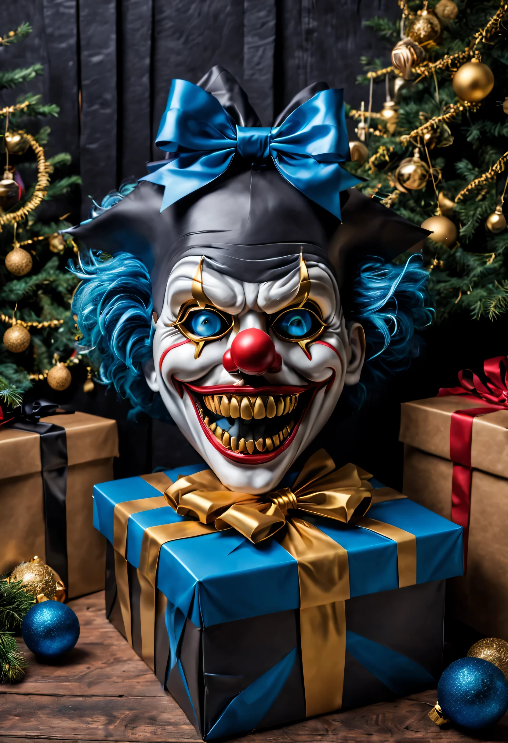 Christmas gift box imitation , black cardboard box, Lazo azul y dorado, dientes grandes, cerrando la boca grande, horror, dark christmas atmosphere,christmas tree and decorations, Clown mask ,