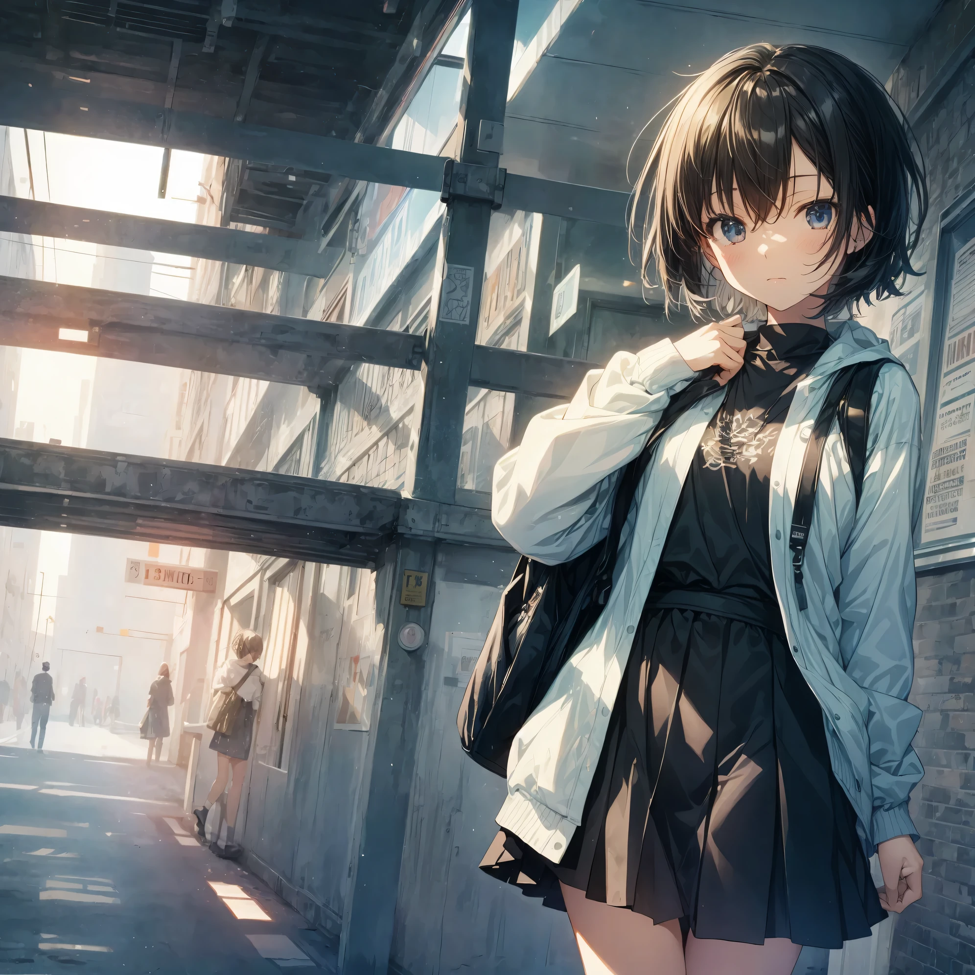 Super high quality by the art god, Ultra-detailed, High resolution, Shinkai Makoto style, anime moe art style, best anime 8K konachan wallpaper, Pixiv Contest Winner, Perfect Anatomy, BREAK,(Please draw a sleepy girl going to school alone.. ),BREAK, a hyperrealistic schoolgirl, (Solo,Lori,child,13years:1.3),Full limbs, complete fingers,a junior high school student, Androgynous attraction, (extra very short hair), hair messy, flat and soft chest, Small butt, groin, Small eyes,Beautiful detailed black eyes, Well-proportioned iris and pupils, disgusted eye, High resolution detailed hair, School uniform, Skirt, On the way to school. BREAK,Ultra-detailed細なスキン, Best lighting by famous artists, 8K, Illustration,