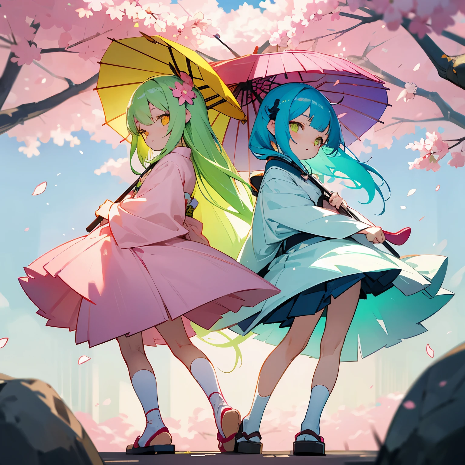 Cute pair of twins, anime style, first twin with lime colored hair, second twin with light blue hair with yellow highlights, both have long hair, both in white kimonos, both have bangs, both kimonos having hair color highlights, pink cherry blossoms trees, with pink leaves falling, first twin with glowing lime eyes, second twin with glowing yellow eyes, both have matching colored umbrellas, both cold stare towards me, both full body image, and both back to back. Kawaii, Japanese.