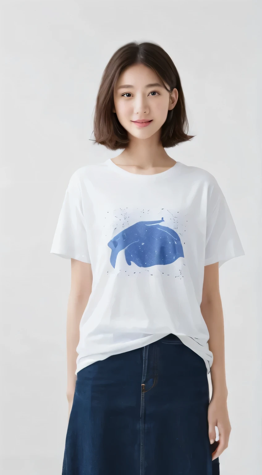 Girl in tight T-shirt standing in front of pure white background and smiling