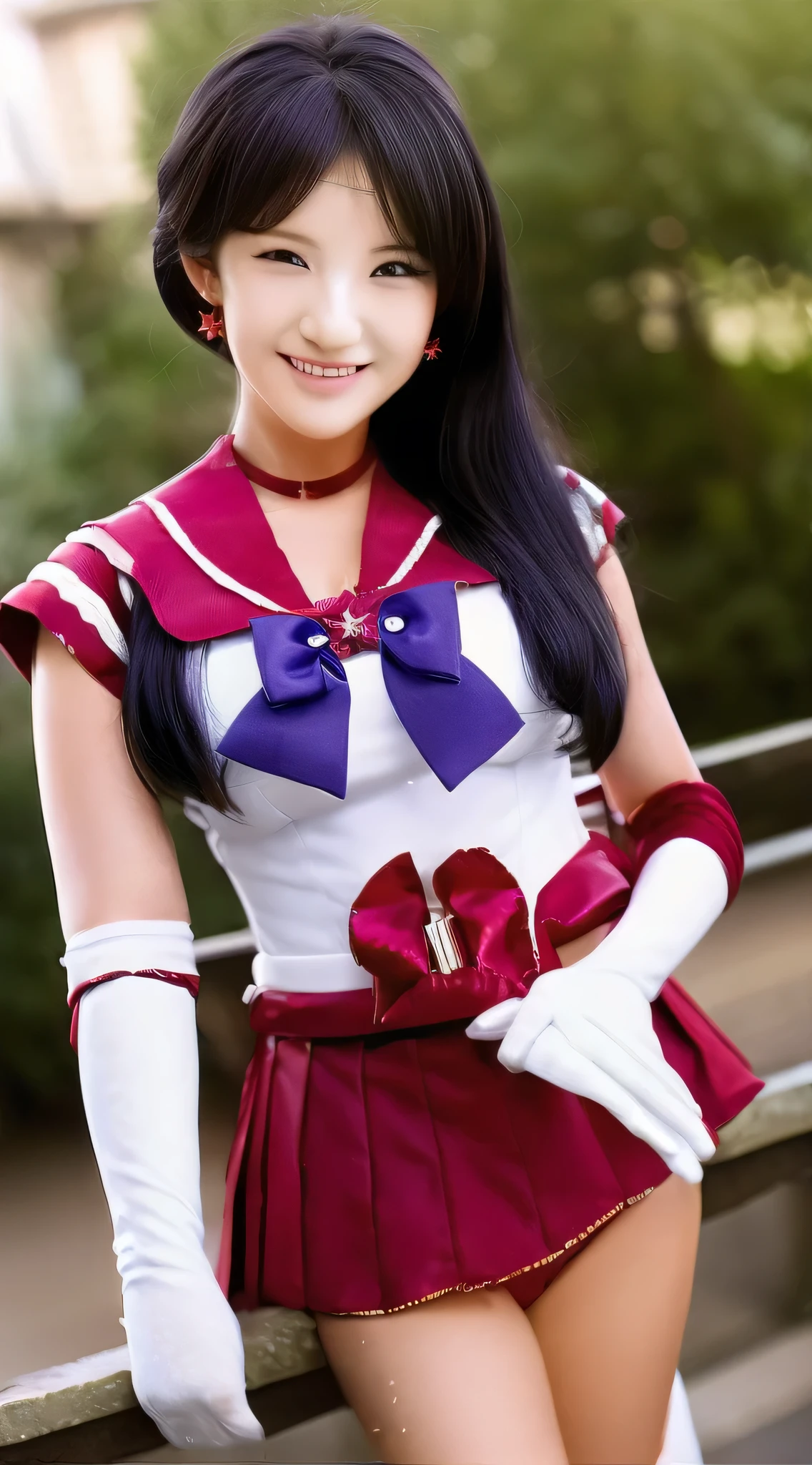 Best texture、High quality、Ulutra HD、8K、full body form、1 girl in、Japanese actressl、、sailor marmers、Hair black hair、Ribbon on the chest、red red pleated mini skirt、red red high heels、White elbow-length gloves、nothing superfluous、A smile