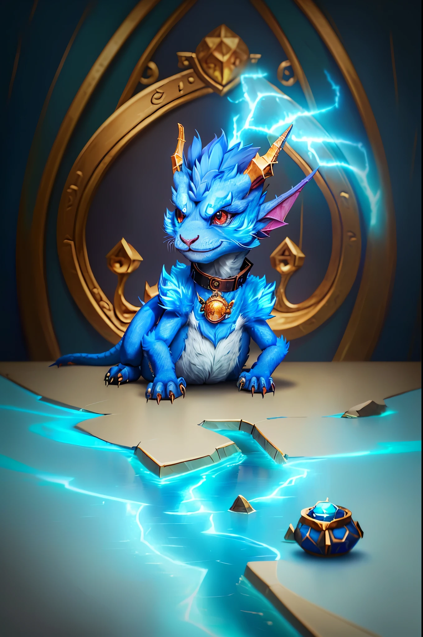 there is a blue dragon with a collar and a collar around its neck, cute little dragon, anthro dragon art, a cute little blue dragon, newly hatched dragon, digesting a small dragon, cute detailed digital art, adorable digital painting, detailed digital 2d fantasy art, from league of legends, epic fantasy art style, fantasy hearthstone art style, aurelion sol
