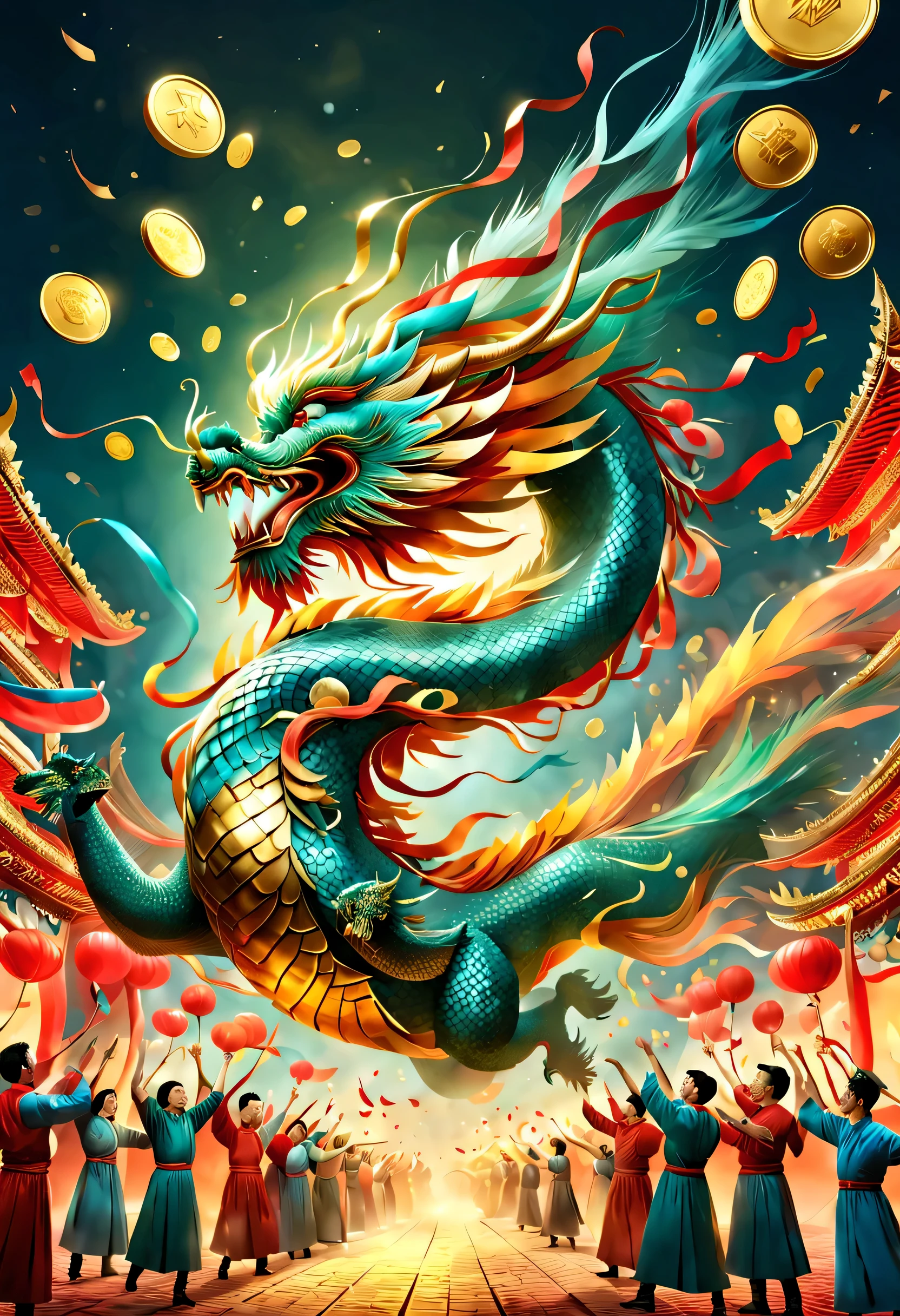 (中国故宫红墙上的巨大LED投影屏幕上投射着2024 Gold Award和新年快乐..),(2024 Gold Award:1.34)(nigh sky中有许多烟花绽放), (Many ribbons and gold coins fall in the air,) (Dragon and Phoenix Chengxiang),,red gold and turquoise green,Background with:Cheering crowd at evening festival celebration,nigh sky