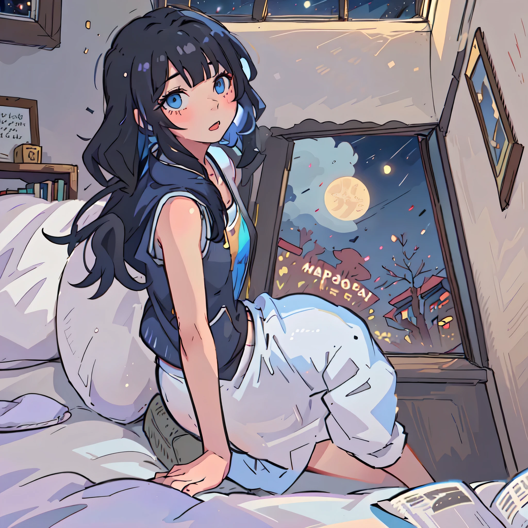 Scene highlights a girl preparing for the new year&#39;new year&#39;new year&#39;new year&#39;New Year&#39;s Eve 2024. Describe the bedroom environment, including bed, janelas, bookshelves, and wall clock.
Highlight the night atmosphere, Focus on freshness. focuses on the girl&#39;Medium length black hair and blue eyes.
Describe her expression of excitement and anticipation. Describe a girl wearing a tank top and housecoat, Create a casual and comfortable bed atmosphere.