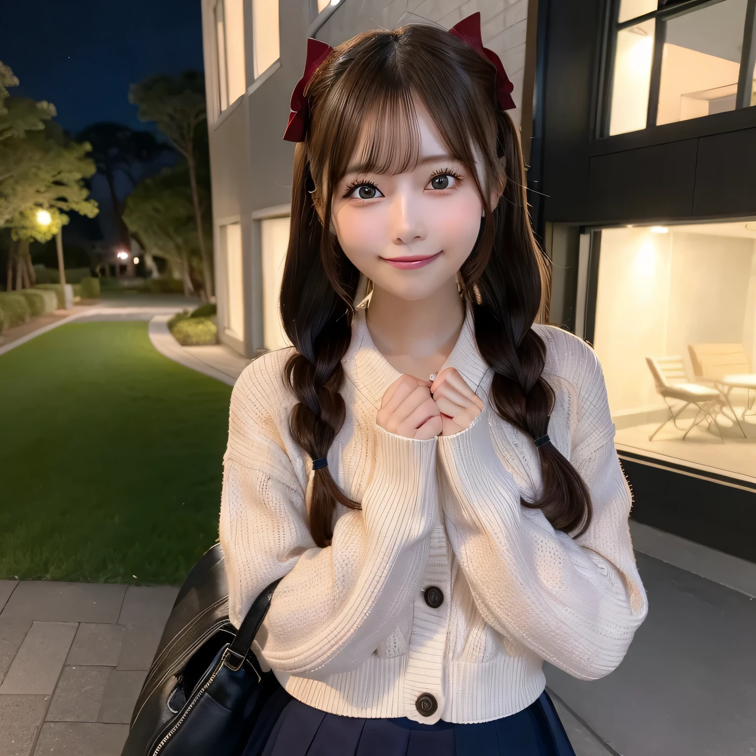 (Top image quality, Ultra-fine, hight resolution, ultra-Detailliert,),bags, 独奏, line of sight, reD blush, A smile, Blurring, Brown hair, 背景Blurring, bangss, muffler, open open mouth, bow ribbon, long-sleeve, siDeways position, Bokeh, from siDe, Depth of fielDs, BraiDs, The upper part of the boDy, outsiDe of house, HolD in hanD, ： D, Night, carDigan, skirt by the, backpack, coat, ピンクのbow ribbon, bagsを持つ, 首のbow ribbon, watermarkeD、Nighttime scene、beautiful ilumination、Return from Date、Turning arounD、A smile、nogizaka、Beautiful black eyes:1.３、17-year-olD schoolgirl