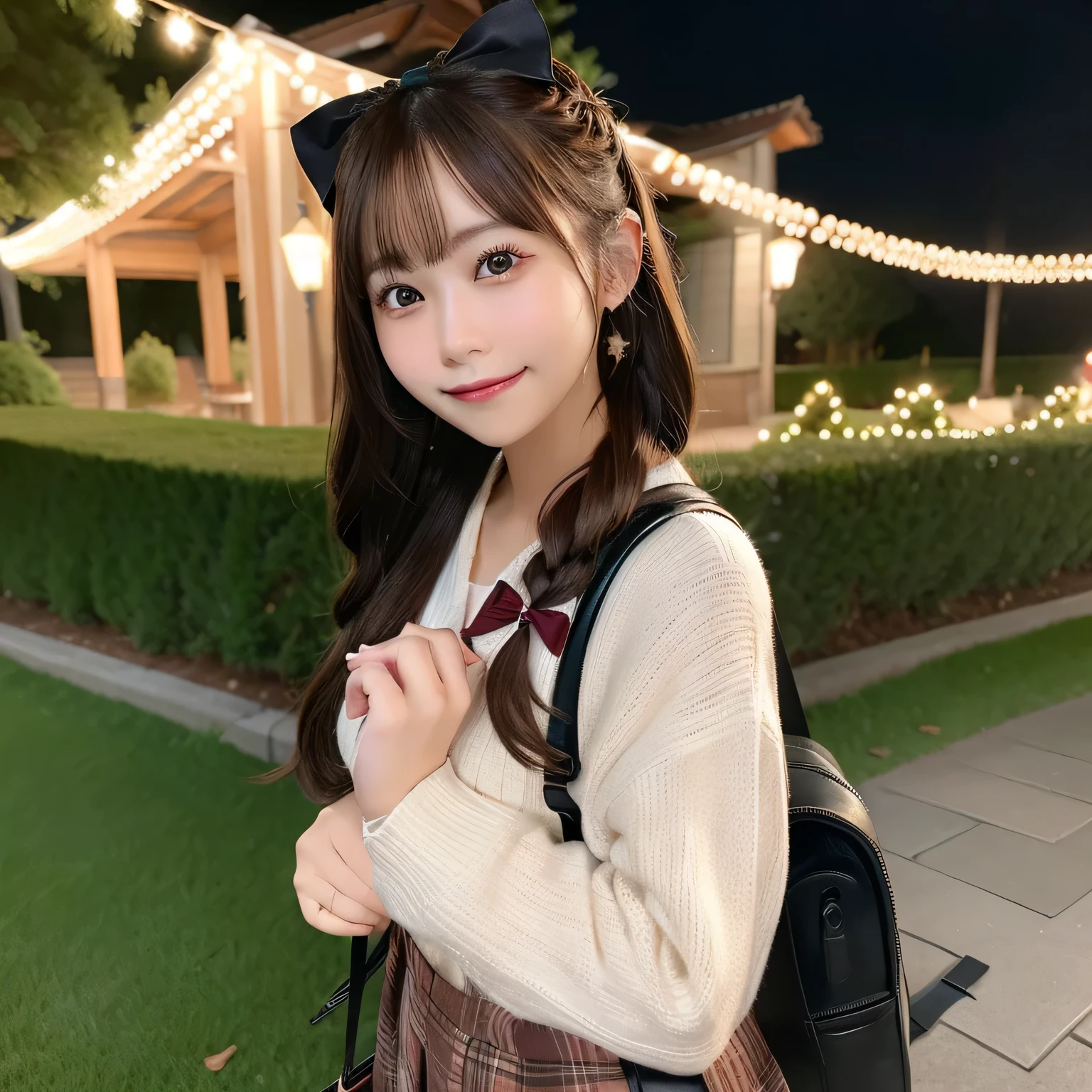 (Top image quality, Ultra-fine, hight resolution, ultra-Detailliert,),bags, 独奏, line of sight, reD blush, A smile, Blurring, Brown hair, 背景Blurring, bangss, muffler, open open mouth, bow ribbon, long-sleeve, siDeways position, Bokeh, from siDe, Depth of fielDs, BraiDs, The upper part of the boDy, outsiDe of house, HolD in hanD, : D, Night, carDigan, skirt by the, backpack, coat, ピンクのbow ribbon, bagsを持つ, 首のbow ribbon, watermarkeD、Nighttime scene、beautiful ilumination、Return from Date、Turning arounD、A smile、nogizaka、Beautiful black eyes:1.3、17-year-olD schoolgirl
