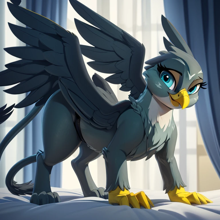 (Masterpiece, highly detailed, anime style render, slightly blurred background, cinematic light particles, front view:1.1, low angle perspective view:1.1), ((Gabby)), (furry:1.2), (((short stack))), female gryphon, blue-grey body, beak, ((tail)), (((yellow arms, yellow hands))), ((blue-grey hind legs)), ((big wings)), solo, on all fours, on a bed with light grey sheets, hand rubbing crotch, tail going between legs rubbing crotch, ((wearing black transparent stockings, black detailed panties, black garter belts)), visible panties, (((smiling seductively at viewer centered, with half-closed eyes:1.2, very visibly aroused, and a smug expression))), (((thick thighs))), (thigh gap), spreading wings, (big wide detailed cobalt blue green cartoon eyes:1.2), ((blue-grey eyelids)), (digitigrade:1.2), ((in a detailed elegant hotel room with white walls, white curtains, a window, at midnight, dark night)