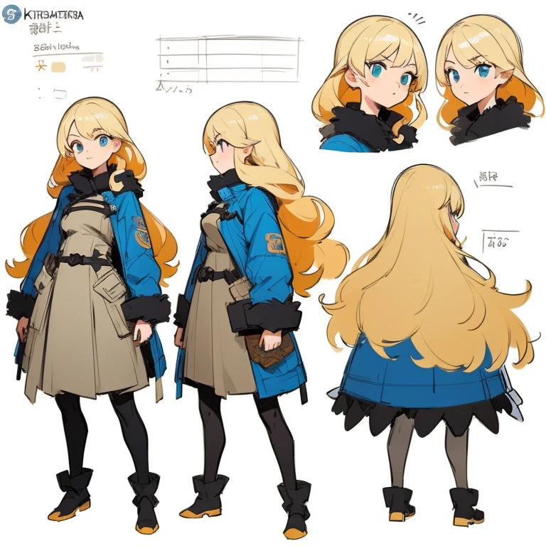 ((masterpiece)), (((best quality))), (character design sheet, same character full body, front, side, back), Illustration, ((1 little girl)), blonde hair color, , long curls hair, environment change, pose kota, smart, female, cute costume, winter coat , charturnbetalora, concept art, character concept art, character sketch, reference sheet, character sheet, ( background, white background: 1.3)