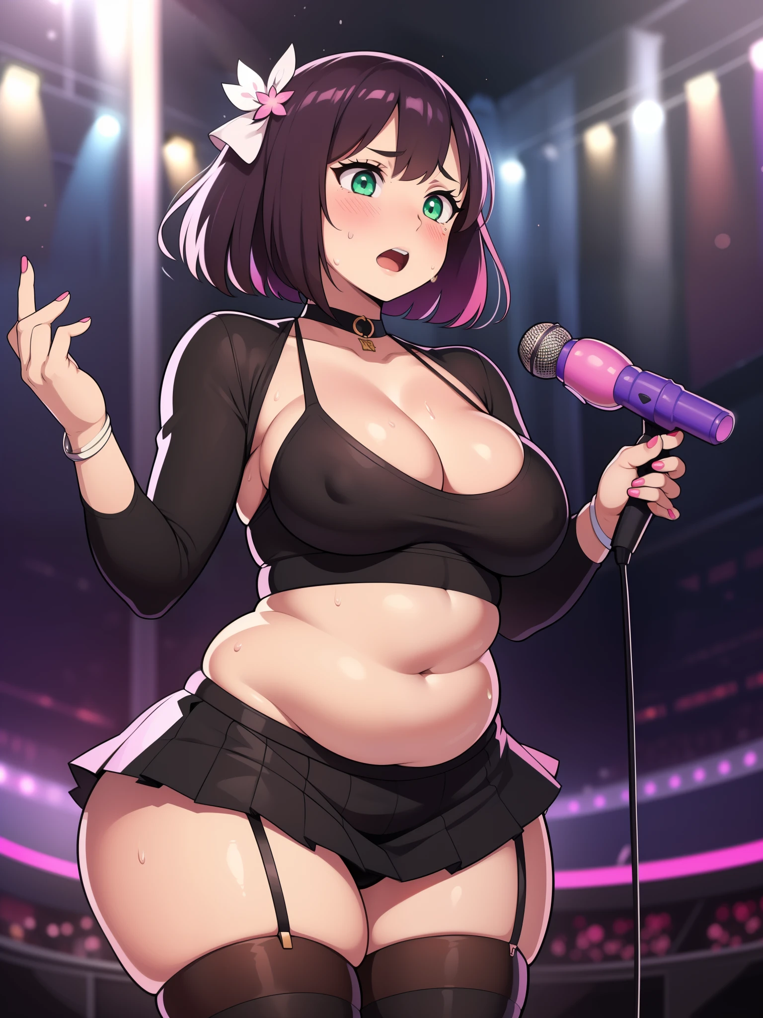 ((Masterpiece)), perfect anatomy, perfect shading, field of depth, (best quality), extremely delicate and beautiful, perfect lighting, detailed face, ultra cute face, cute, full body, (((1girl))), (((solo))),
singer idol, short hair, fluffy hair, pink hair, hair decoration, green eyes, (((blush))), shy, nervous, embarrassed, (ornate red crop top 1.2), short fluffy skirt, thigh highs, arm warmers, choker, extremely tight clothes, medium breasts, cleavage, perky breasts, (((wide hips))), ((thick thighs)), ((plump)), sweating, chubby belly, fat rolls, belly hang, she has a jiggly belly,
stage, neon lights, intricate background, detailed background, holding a mic,