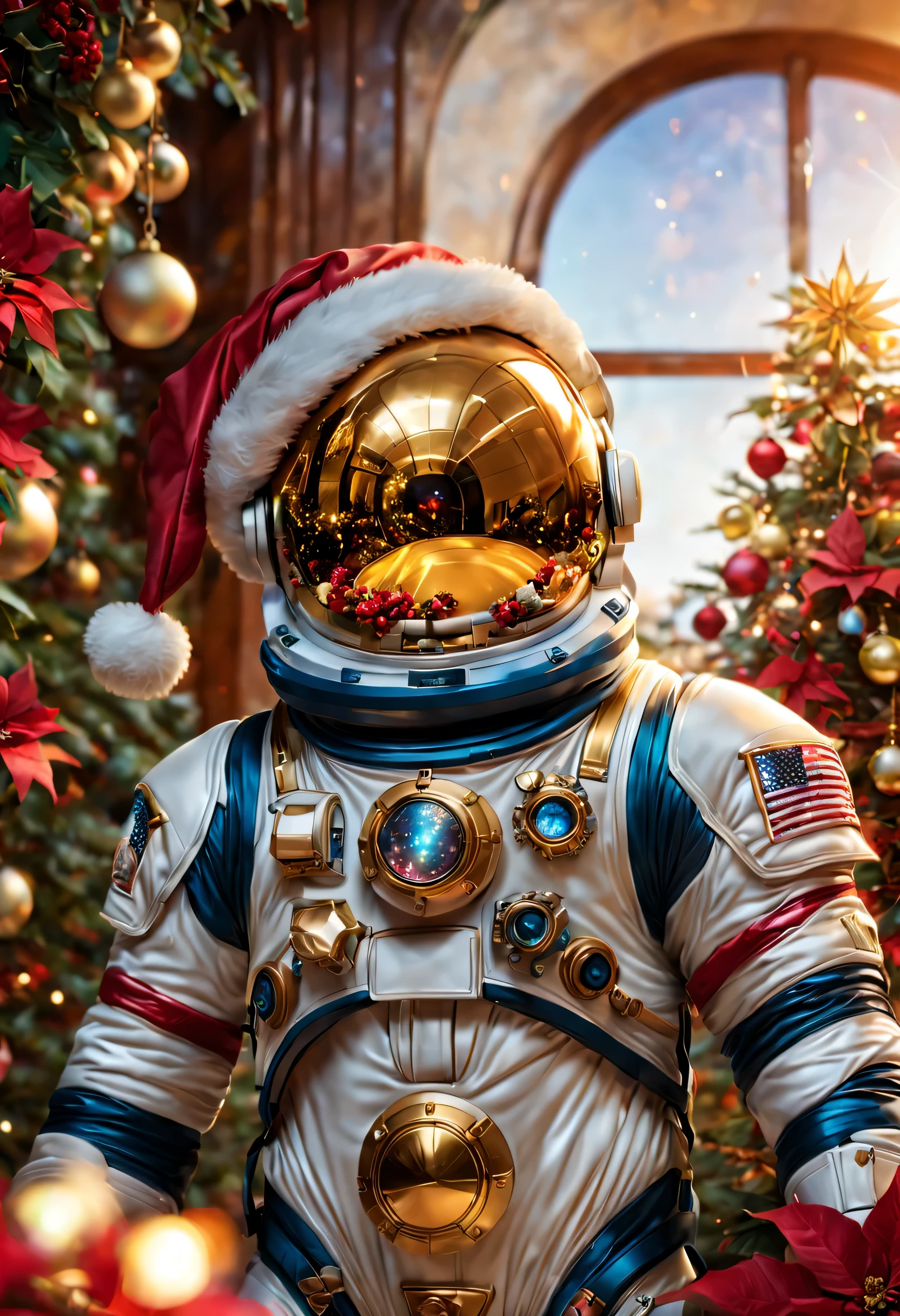 Create a intricately detailed Navidad astronaut, holiday vibe, Hora dorada, illuminated from behind, ultradetallado ultrarrealista, Brillante, trabajo de belleza complejidad y complejidad, primer plano, christmas sheet music, ,Navidad,ColorART, flores de pascua en cascada, Navidad ornaments ,De color