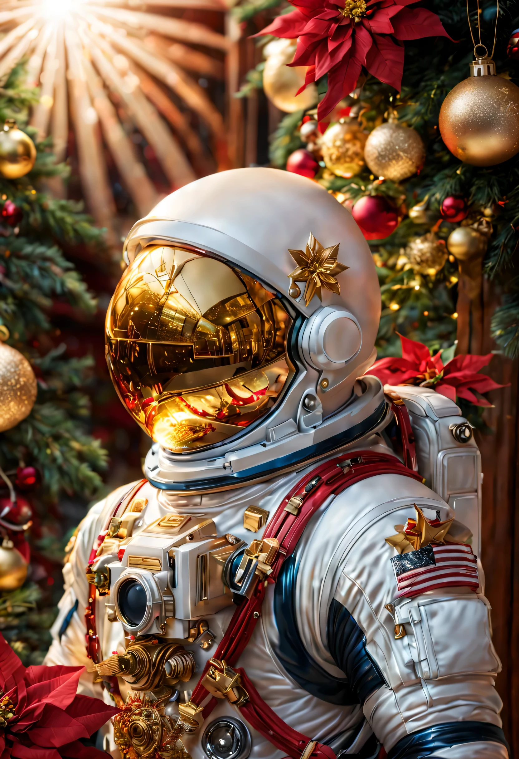 Create a intricately detailed Navidad astronaut, holiday vibe, Hora dorada, illuminated from behind, ultradetallado ultrarrealista, Brillante, trabajo de belleza complejidad y complejidad, primer plano, christmas sheet music, ,Navidad,ColorART, flores de pascua en cascada, Navidad ornaments ,De color