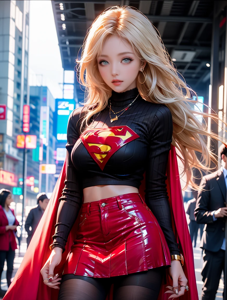 masterpiece, 4k, 8k, high quality, highly detailed, detailed face, HDR, vivid colors, natural lighting, Best Shadows, Shallow Depth of Field, Portrait of (Supergirl:1.1) standing on a rooftop, smiling, red skirt, red cape, red boots with heels, delicate, alluring blue eyes, lovely medium breasts, blonde, (Superman symbol on chest:1.2), bare legs, open navel, blue sky, sunlight, clouds, sun, bloom,