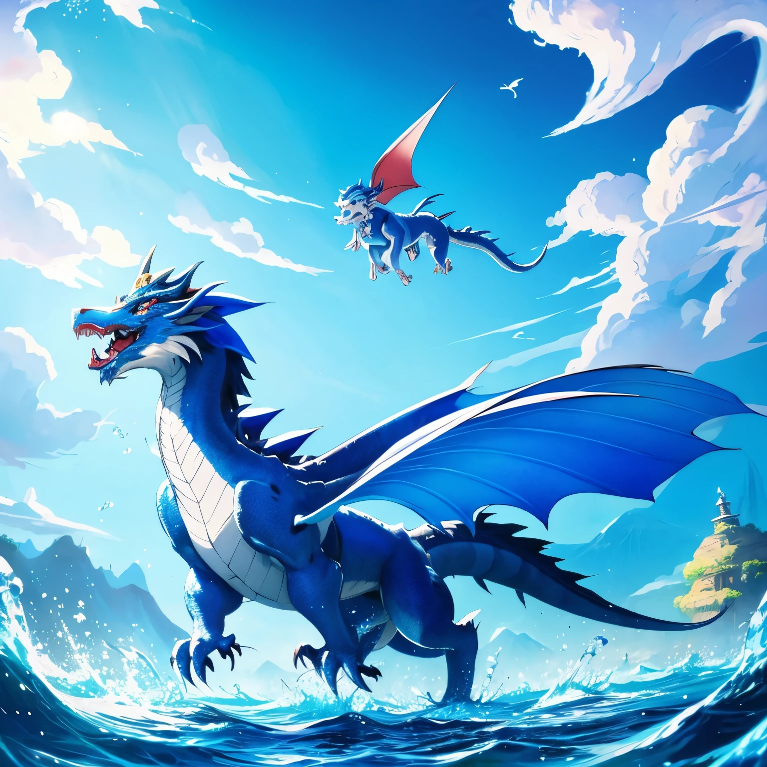 Blue Chinese dragon long tail flying through water in the blue sky, faucet head looking at the sky, Charming and beautiful, texture varied, chinese traditional dragon concept art, dragon art, anime art wallpaper 8 K, trend in ArtStation pixiv, detailed digital animation art, detailed anime artwork