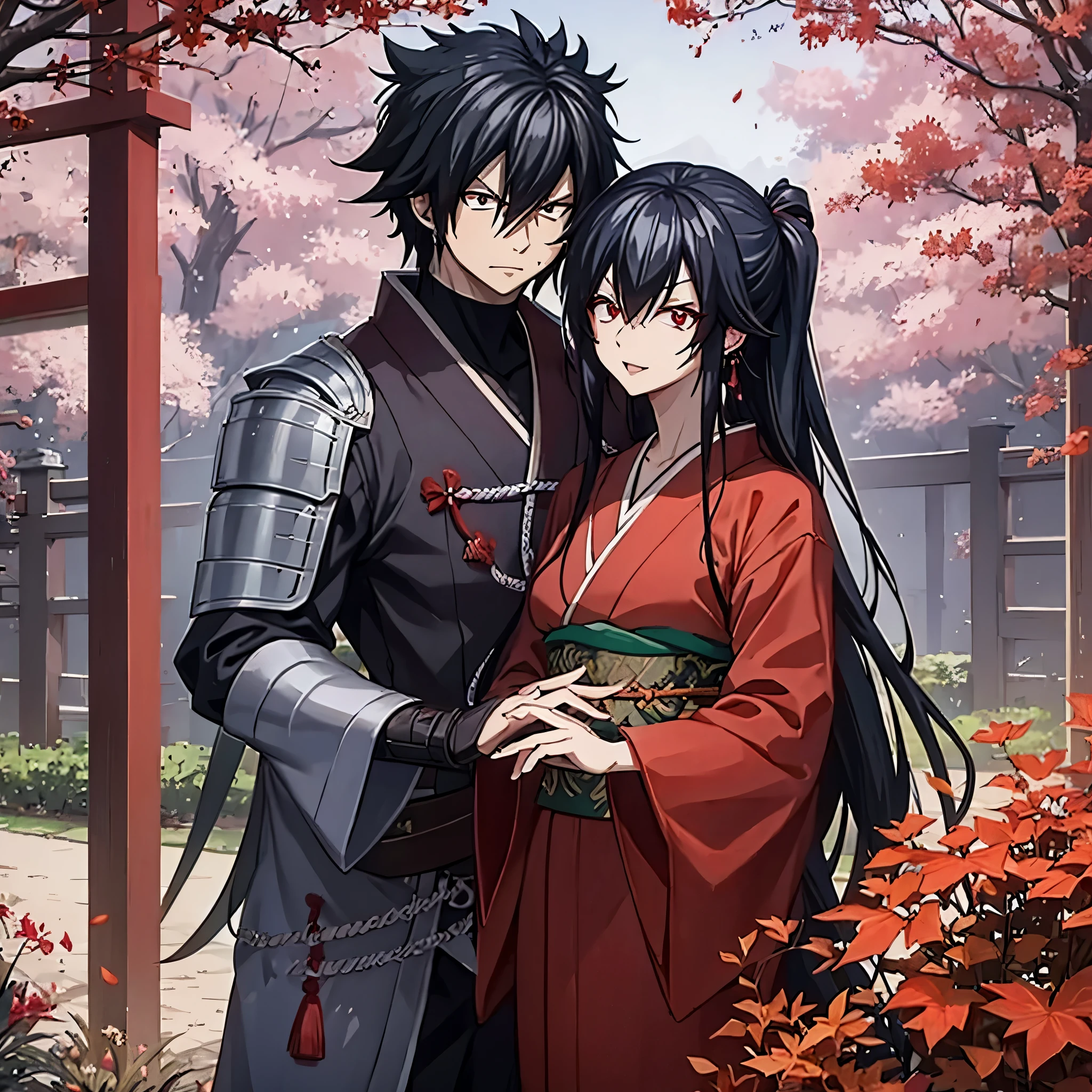 gray fullbuster using wearing heavy samurai armor next to a woman (eye red) sorridente in a red kimono in a in a Japanese autumn garden