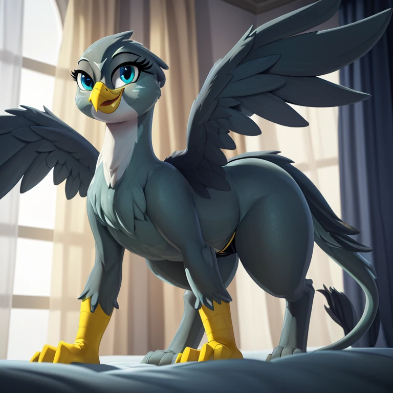 (Masterpiece, highly detailed, anime style render, slightly blurred background, cinematic light particles, front view:1.1, low angle perspective view:1.1), ((Gabby)), (furry:1.2), (((short stack))), female gryphon, blue-grey body, beak, ((tail)), (((yellow arms, yellow hands))), ((blue-grey hind legs)), ((big wings)), solo, on all fours, on a bed with light grey sheets, hand rubbing crotch, tail going between legs rubbing crotch, ((wearing black transparent stockings, black detailed panties, black garter belts)), visible panties, (((smiling seductively at viewer centered, with half-closed eyes:1.2, very visibly aroused, and a smug expression))), (((thick thighs))), (thigh gap), spreading wings, (big wide detailed cobalt blue green cartoon eyes:1.2), ((blue-grey eyelids)), (digitigrade:1.2), ((in a detailed elegant hotel room with white walls, white curtains, a window, at midnight, dark night)