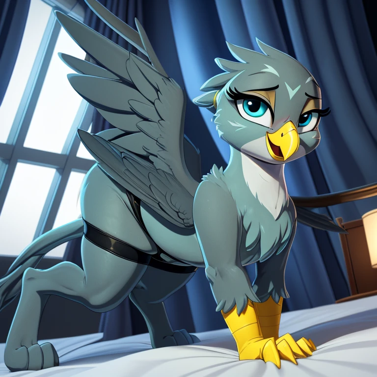 (Masterpiece, highly detailed, anime style render, slightly blurred background, cinematic light particles, front view:1.1, low angle perspective view:1.1), ((Gabby)), (furry:1.2), (((short stack))), female gryphon, blue-grey body, beak, ((tail)), (((yellow arms, yellow hands))), ((blue-grey hind legs)), ((big wings)), solo, on all fours, on a bed with light grey sheets, hand rubbing crotch, tail going between legs rubbing crotch, ((wearing black transparent stockings, black detailed panties, black garter belts)), visible panties, (((smiling seductively at viewer centered, with half-closed eyes:1.2, very visibly aroused, and a smug expression))), (((thick thighs))), (thigh gap), spreading wings, (big wide detailed cobalt blue green cartoon eyes:1.2), ((blue-grey eyelids)), (digitigrade:1.2), ((in a detailed elegant hotel room with white walls, white curtains, a window, at midnight, dark night)