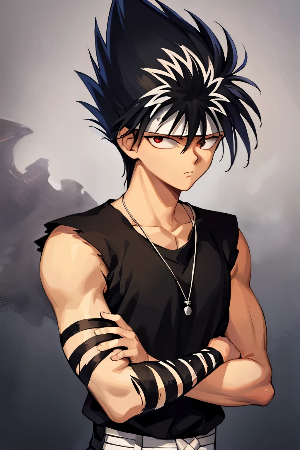 masterpiece, best quality, 1boy, hiei, black hair, white hair, spiked hair, red eyes, headband, bandages, upper body, sleeveless, torn clothes, solo, dragon background